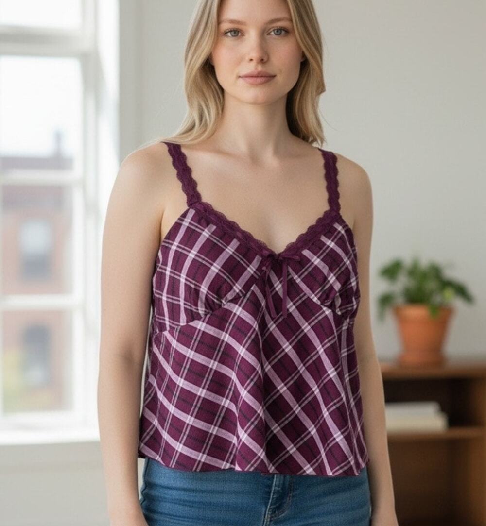 Baby Doll Top Cropped Burgundy Plaid Y2K Lace Bow Milk Maid XXL No Boundaries